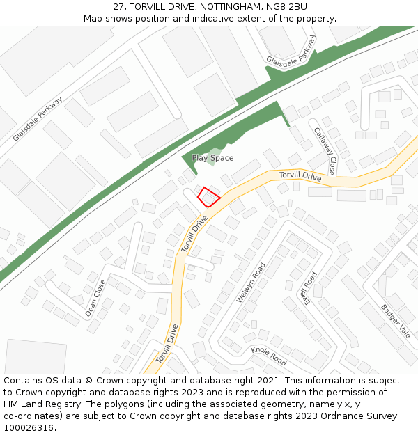 27, TORVILL DRIVE, NOTTINGHAM, NG8 2BU: Location map and indicative extent of plot