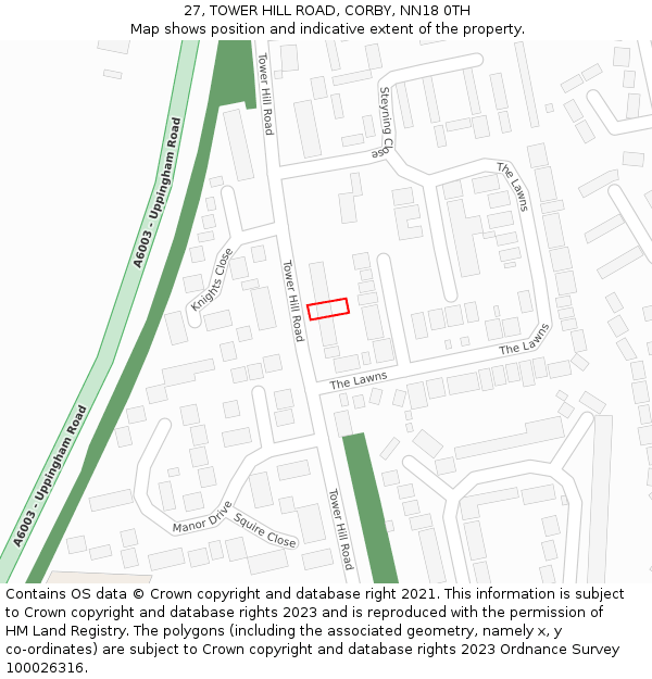 27, TOWER HILL ROAD, CORBY, NN18 0TH: Location map and indicative extent of plot