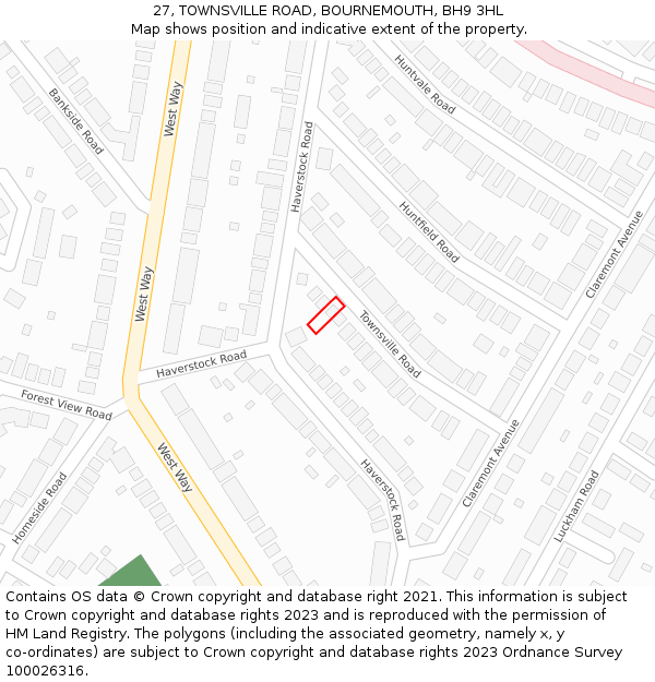 27, TOWNSVILLE ROAD, BOURNEMOUTH, BH9 3HL: Location map and indicative extent of plot