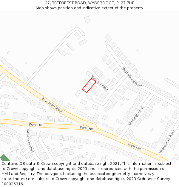 27, TREFOREST ROAD, WADEBRIDGE, PL27 7HE: Location map and indicative extent of plot