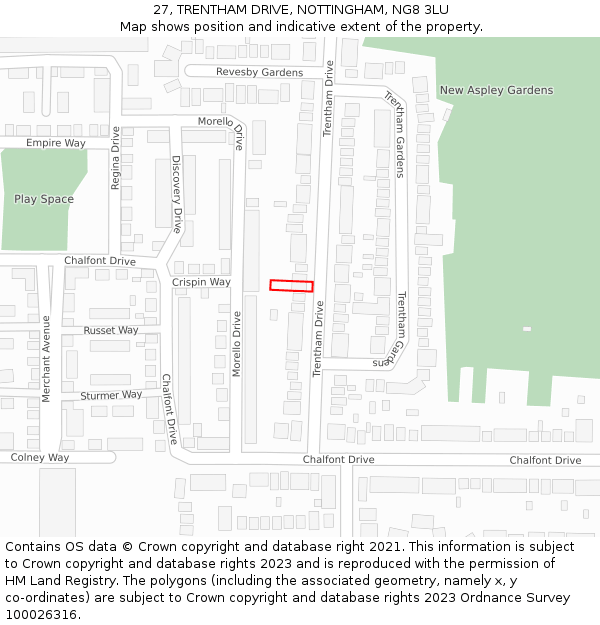 27, TRENTHAM DRIVE, NOTTINGHAM, NG8 3LU: Location map and indicative extent of plot