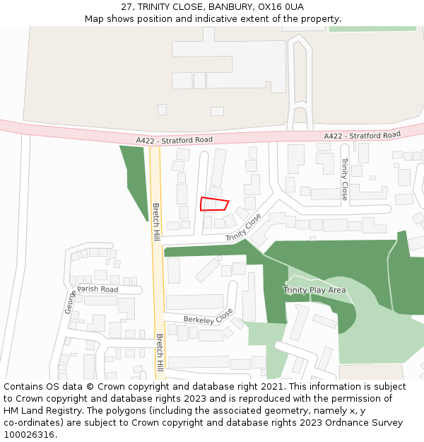 27, TRINITY CLOSE, BANBURY, OX16 0UA: Location map and indicative extent of plot
