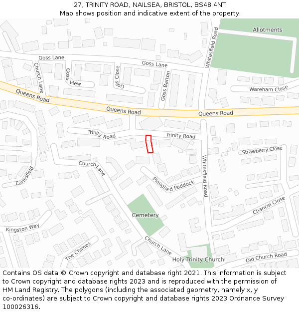 27, TRINITY ROAD, NAILSEA, BRISTOL, BS48 4NT: Location map and indicative extent of plot