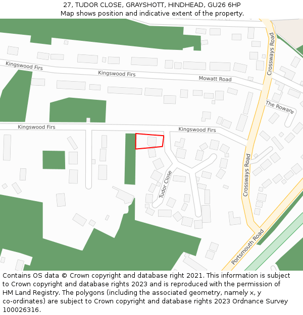 27, TUDOR CLOSE, GRAYSHOTT, HINDHEAD, GU26 6HP: Location map and indicative extent of plot