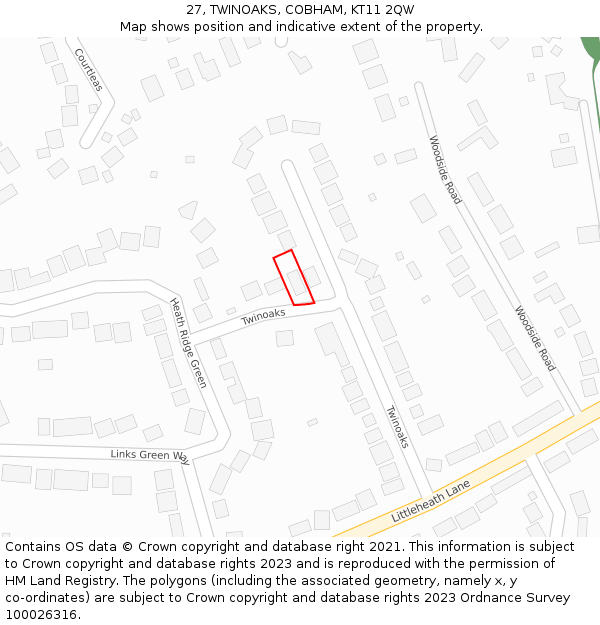 27, TWINOAKS, COBHAM, KT11 2QW: Location map and indicative extent of plot