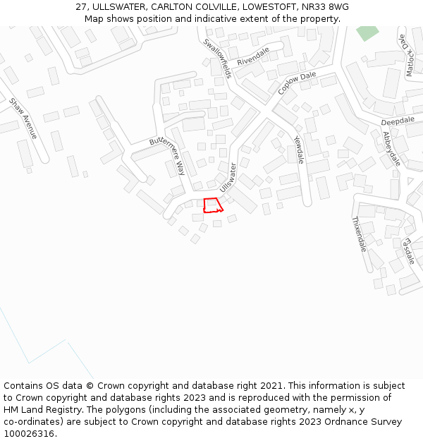 27, ULLSWATER, CARLTON COLVILLE, LOWESTOFT, NR33 8WG: Location map and indicative extent of plot