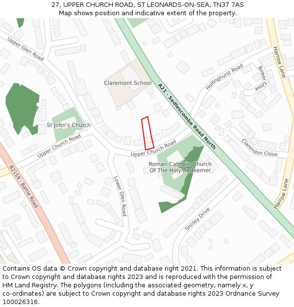 27, UPPER CHURCH ROAD, ST LEONARDS-ON-SEA, TN37 7AS: Location map and indicative extent of plot
