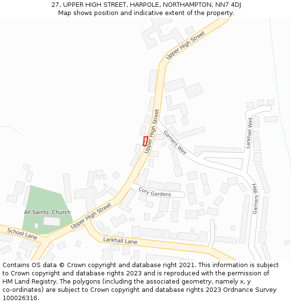 27, UPPER HIGH STREET, HARPOLE, NORTHAMPTON, NN7 4DJ: Location map and indicative extent of plot