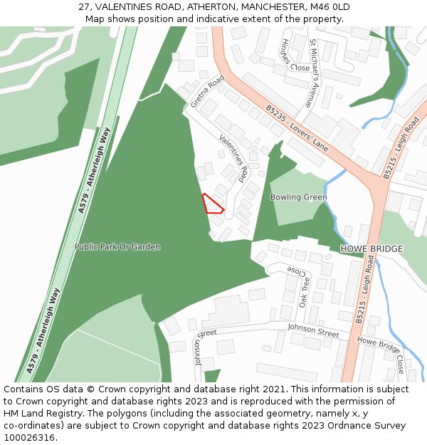 27, VALENTINES ROAD, ATHERTON, MANCHESTER, M46 0LD: Location map and indicative extent of plot