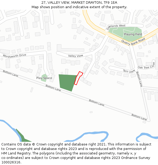 27, VALLEY VIEW, MARKET DRAYTON, TF9 1EA: Location map and indicative extent of plot