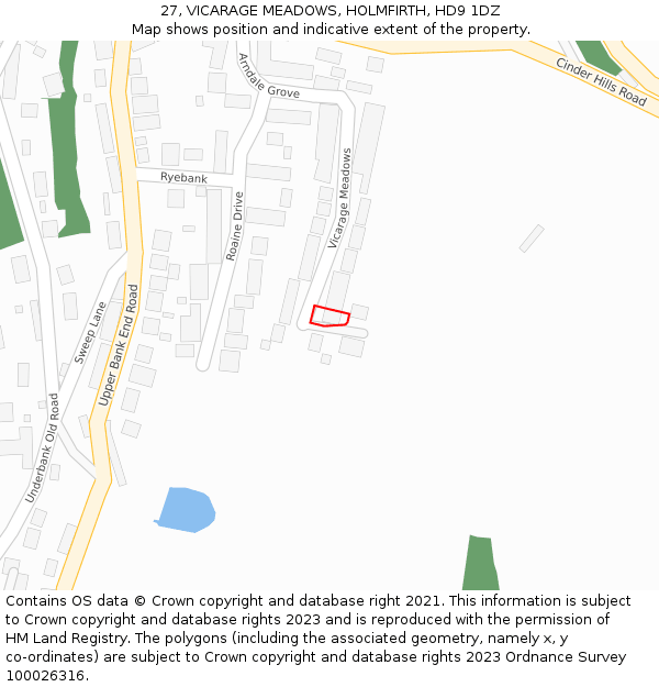 27, VICARAGE MEADOWS, HOLMFIRTH, HD9 1DZ: Location map and indicative extent of plot