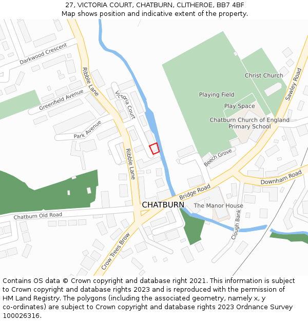 27, VICTORIA COURT, CHATBURN, CLITHEROE, BB7 4BF: Location map and indicative extent of plot