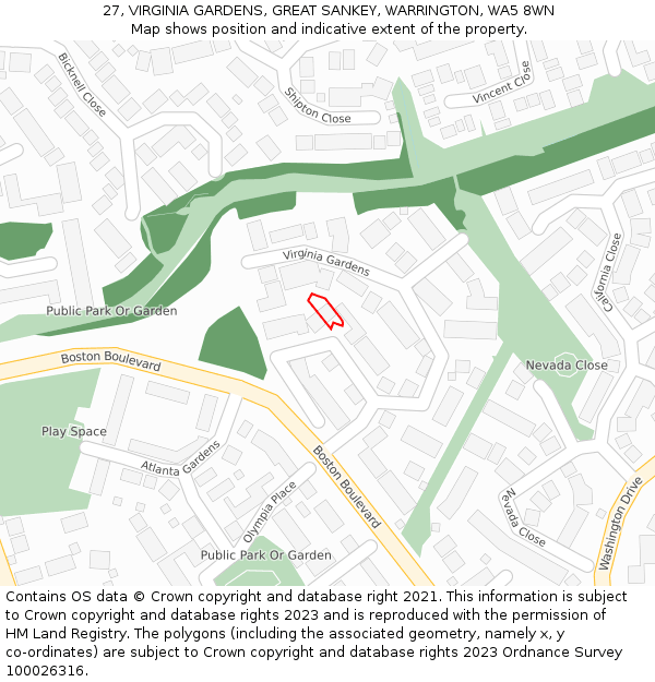 27, VIRGINIA GARDENS, GREAT SANKEY, WARRINGTON, WA5 8WN: Location map and indicative extent of plot