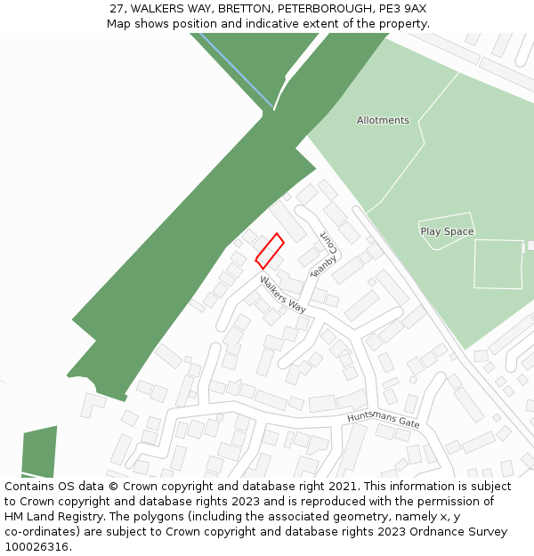 27, WALKERS WAY, BRETTON, PETERBOROUGH, PE3 9AX: Location map and indicative extent of plot