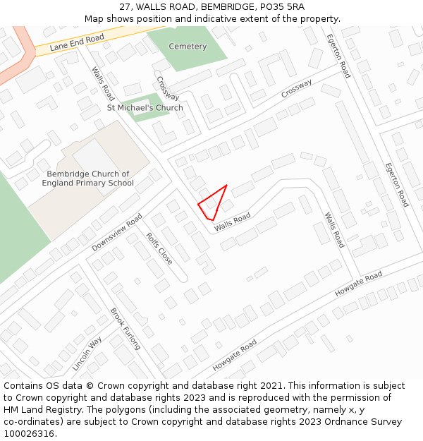 27, WALLS ROAD, BEMBRIDGE, PO35 5RA: Location map and indicative extent of plot