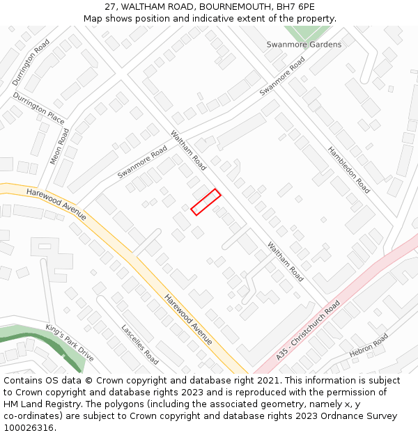 27, WALTHAM ROAD, BOURNEMOUTH, BH7 6PE: Location map and indicative extent of plot