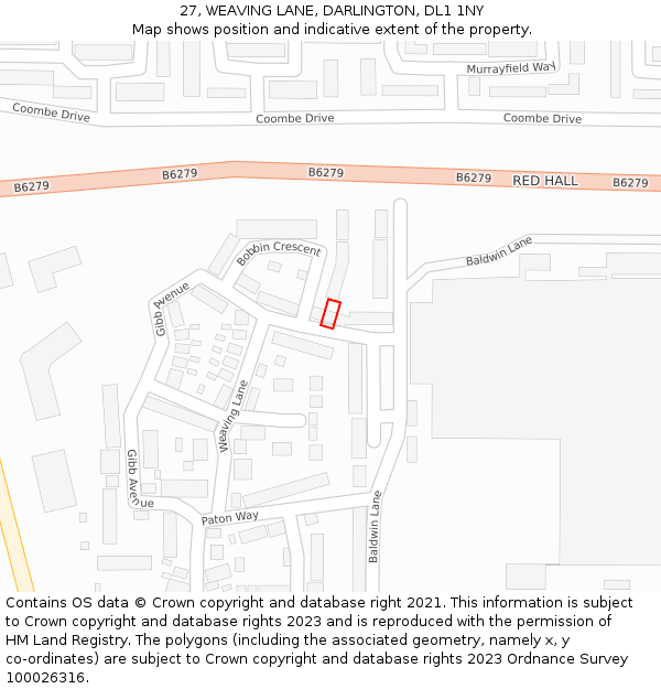 27, WEAVING LANE, DARLINGTON, DL1 1NY: Location map and indicative extent of plot