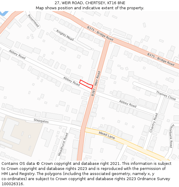27, WEIR ROAD, CHERTSEY, KT16 8NE: Location map and indicative extent of plot