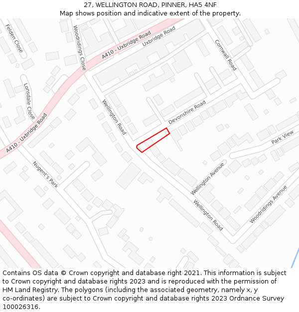 27, WELLINGTON ROAD, PINNER, HA5 4NF: Location map and indicative extent of plot