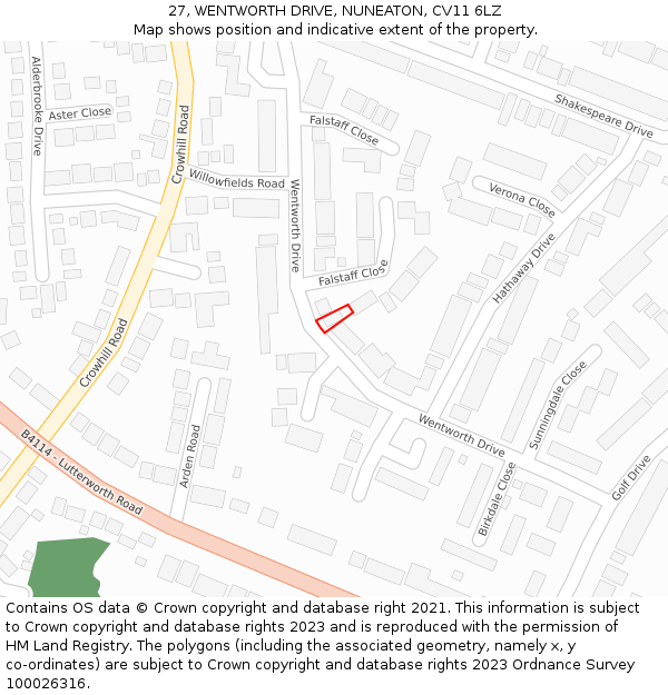 27, WENTWORTH DRIVE, NUNEATON, CV11 6LZ: Location map and indicative extent of plot