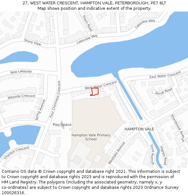 27, WEST WATER CRESCENT, HAMPTON VALE, PETERBOROUGH, PE7 8LT: Location map and indicative extent of plot