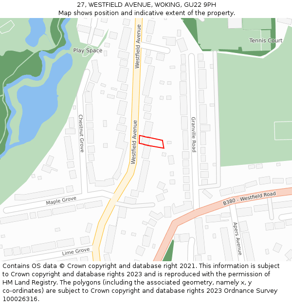 27, WESTFIELD AVENUE, WOKING, GU22 9PH: Location map and indicative extent of plot