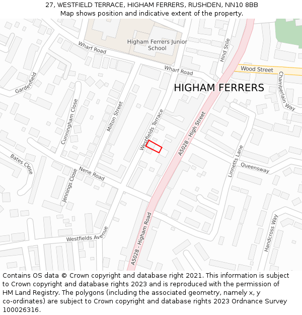 27, WESTFIELD TERRACE, HIGHAM FERRERS, RUSHDEN, NN10 8BB: Location map and indicative extent of plot