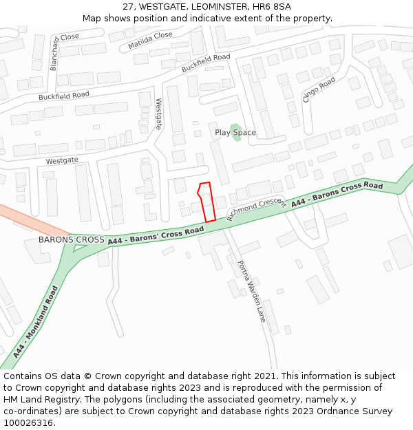 27, WESTGATE, LEOMINSTER, HR6 8SA: Location map and indicative extent of plot