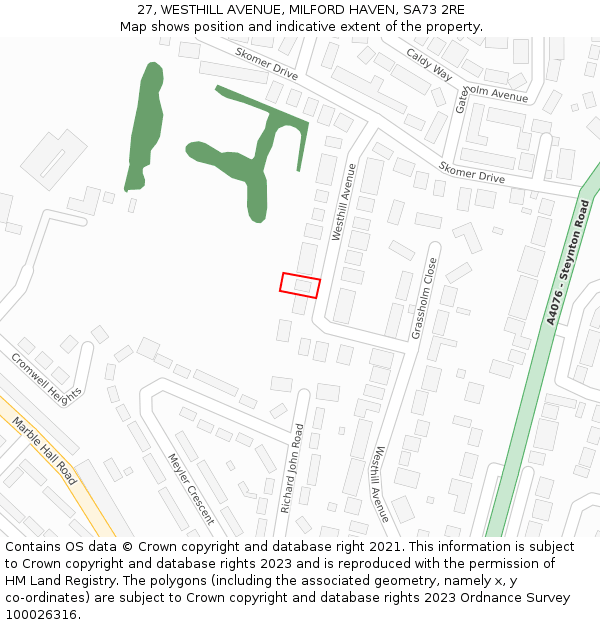 27, WESTHILL AVENUE, MILFORD HAVEN, SA73 2RE: Location map and indicative extent of plot
