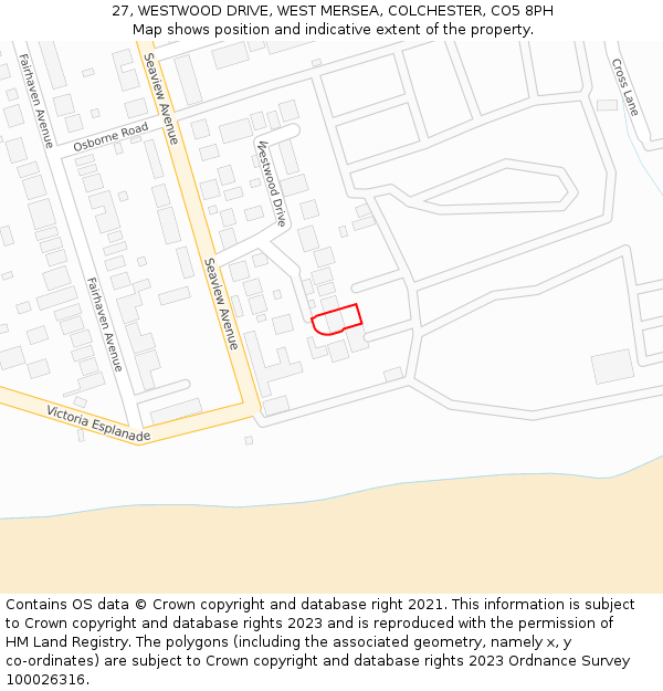 27, WESTWOOD DRIVE, WEST MERSEA, COLCHESTER, CO5 8PH: Location map and indicative extent of plot