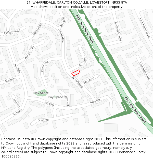 27, WHARFEDALE, CARLTON COLVILLE, LOWESTOFT, NR33 8TA: Location map and indicative extent of plot