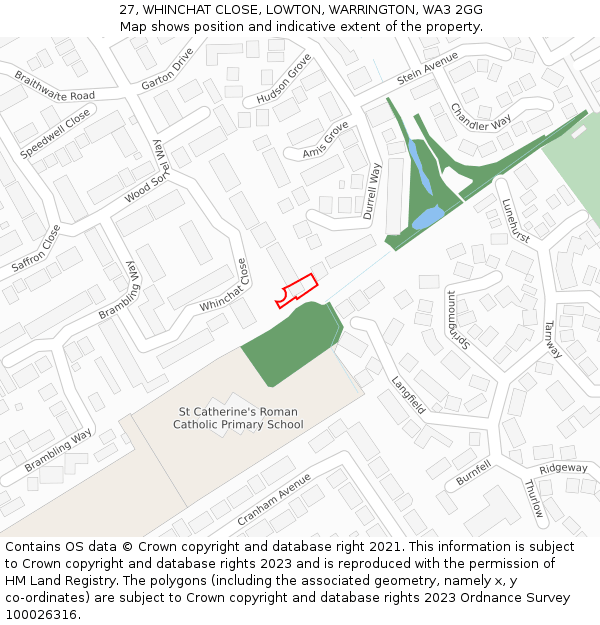 27, WHINCHAT CLOSE, LOWTON, WARRINGTON, WA3 2GG: Location map and indicative extent of plot