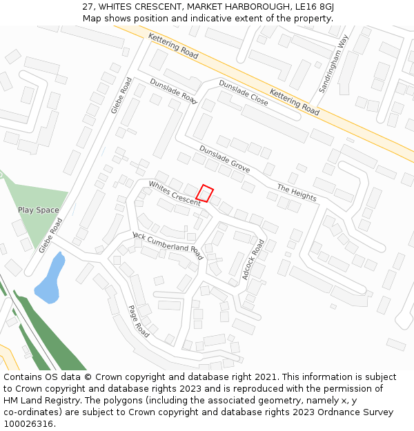 27, WHITES CRESCENT, MARKET HARBOROUGH, LE16 8GJ: Location map and indicative extent of plot