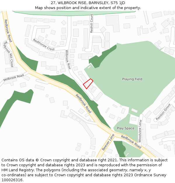 27, WILBROOK RISE, BARNSLEY, S75 1JD: Location map and indicative extent of plot