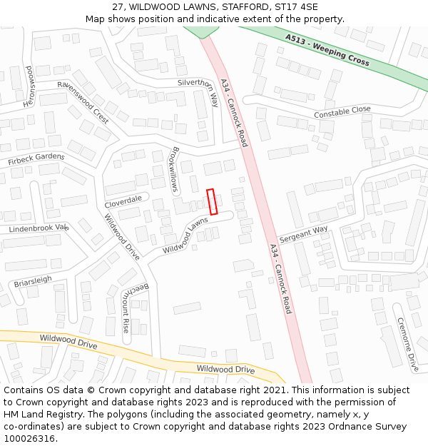 27, WILDWOOD LAWNS, STAFFORD, ST17 4SE: Location map and indicative extent of plot