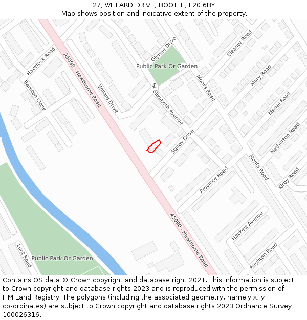 27, WILLARD DRIVE, BOOTLE, L20 6BY: Location map and indicative extent of plot