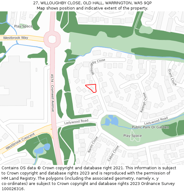 27, WILLOUGHBY CLOSE, OLD HALL, WARRINGTON, WA5 9QP: Location map and indicative extent of plot