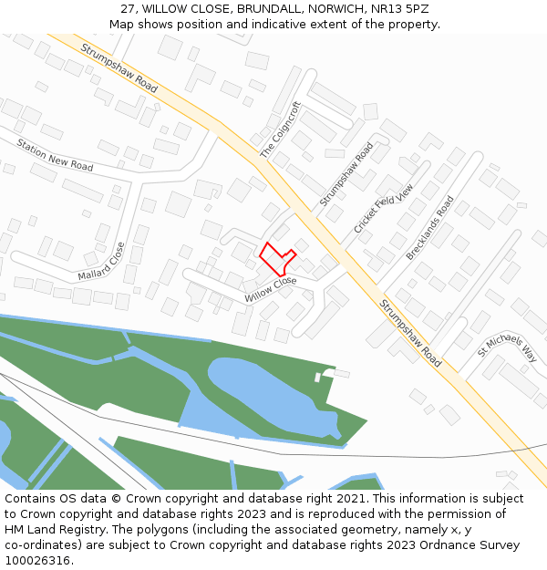 27, WILLOW CLOSE, BRUNDALL, NORWICH, NR13 5PZ: Location map and indicative extent of plot
