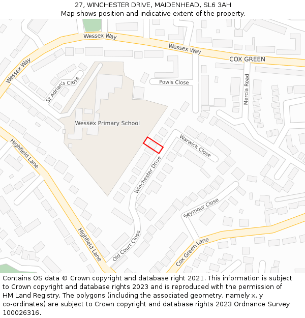 27, WINCHESTER DRIVE, MAIDENHEAD, SL6 3AH: Location map and indicative extent of plot