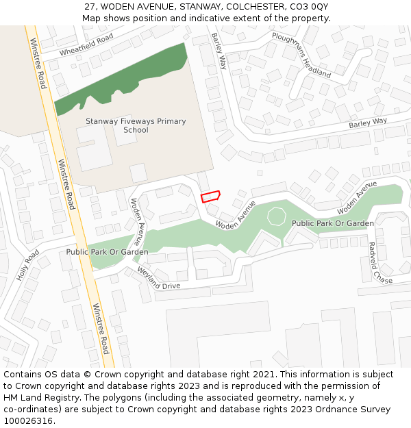 27, WODEN AVENUE, STANWAY, COLCHESTER, CO3 0QY: Location map and indicative extent of plot