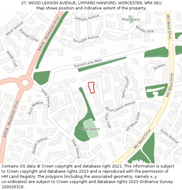 27, WOOD LEASON AVENUE, LYPPARD HANFORD, WORCESTER, WR4 0EU: Location map and indicative extent of plot