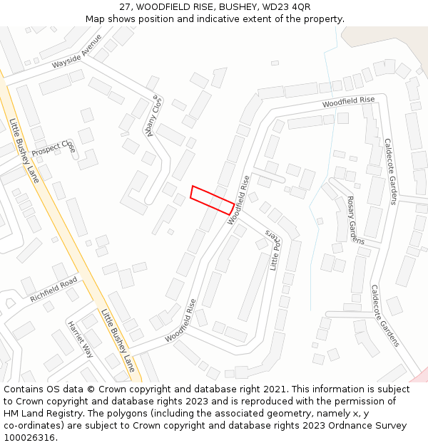 27, WOODFIELD RISE, BUSHEY, WD23 4QR: Location map and indicative extent of plot