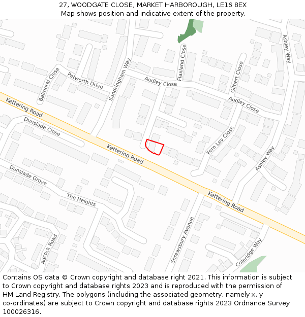 27, WOODGATE CLOSE, MARKET HARBOROUGH, LE16 8EX: Location map and indicative extent of plot