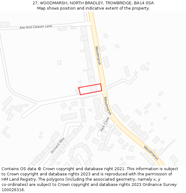 27, WOODMARSH, NORTH BRADLEY, TROWBRIDGE, BA14 0SA: Location map and indicative extent of plot