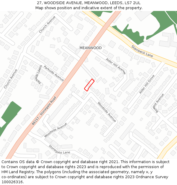 27, WOODSIDE AVENUE, MEANWOOD, LEEDS, LS7 2UL: Location map and indicative extent of plot