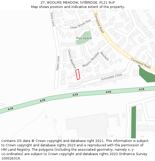 27, WOOLMS MEADOW, IVYBRIDGE, PL21 9UF: Location map and indicative extent of plot