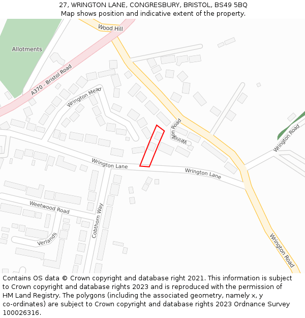 27, WRINGTON LANE, CONGRESBURY, BRISTOL, BS49 5BQ: Location map and indicative extent of plot