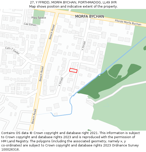 27, Y FFRIDD, MORFA BYCHAN, PORTHMADOG, LL49 9YR: Location map and indicative extent of plot
