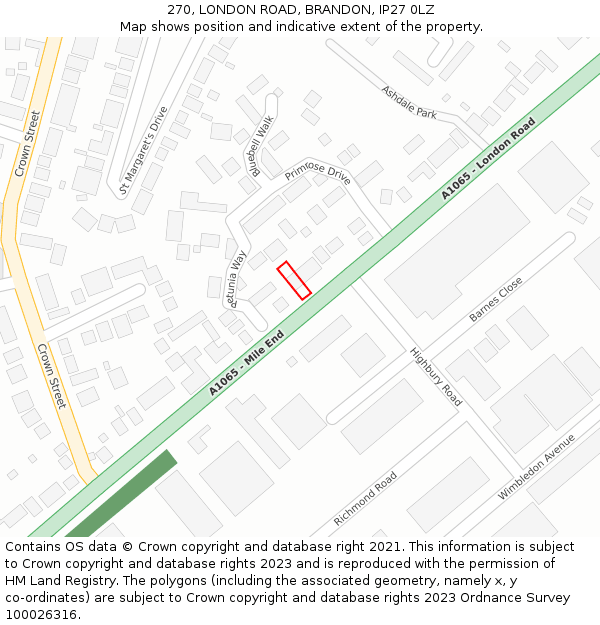 270, LONDON ROAD, BRANDON, IP27 0LZ: Location map and indicative extent of plot