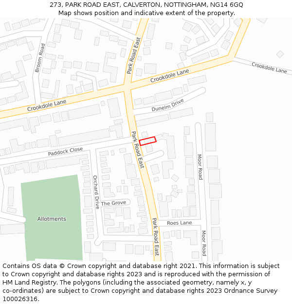 273, PARK ROAD EAST, CALVERTON, NOTTINGHAM, NG14 6GQ: Location map and indicative extent of plot